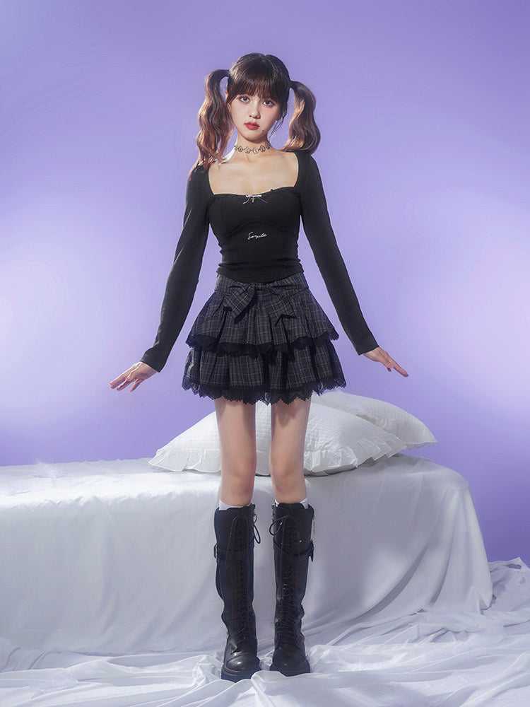 Gray Plaid Bow Lace Tiered Mini Skirt