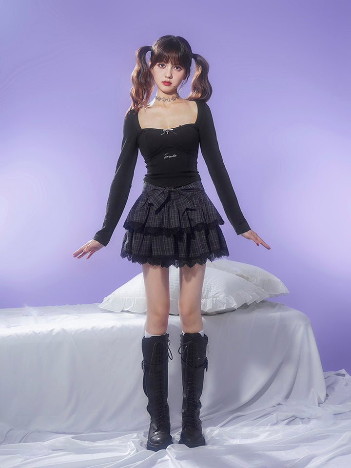 Gray Plaid Bow Lace Tiered Mini Skirt