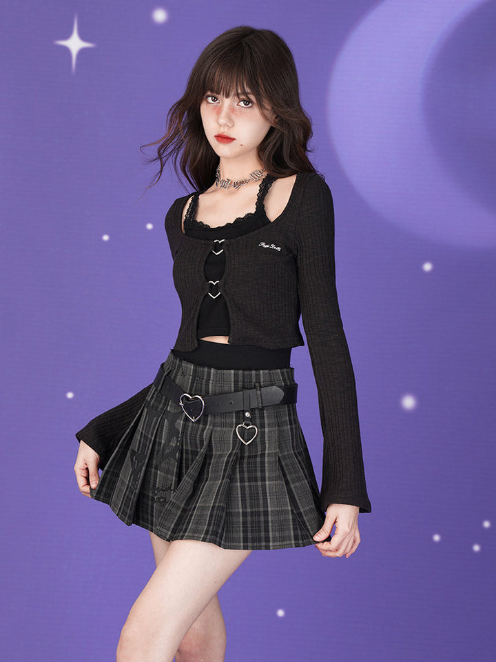 Gray Plaid Heart Belt Pleated Mini Skirt