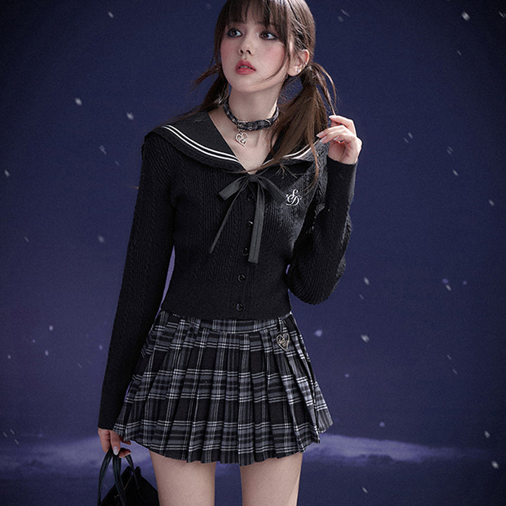 Black Sailor Collar Faux Two-Piece Knit Cable Sweater Cardigan