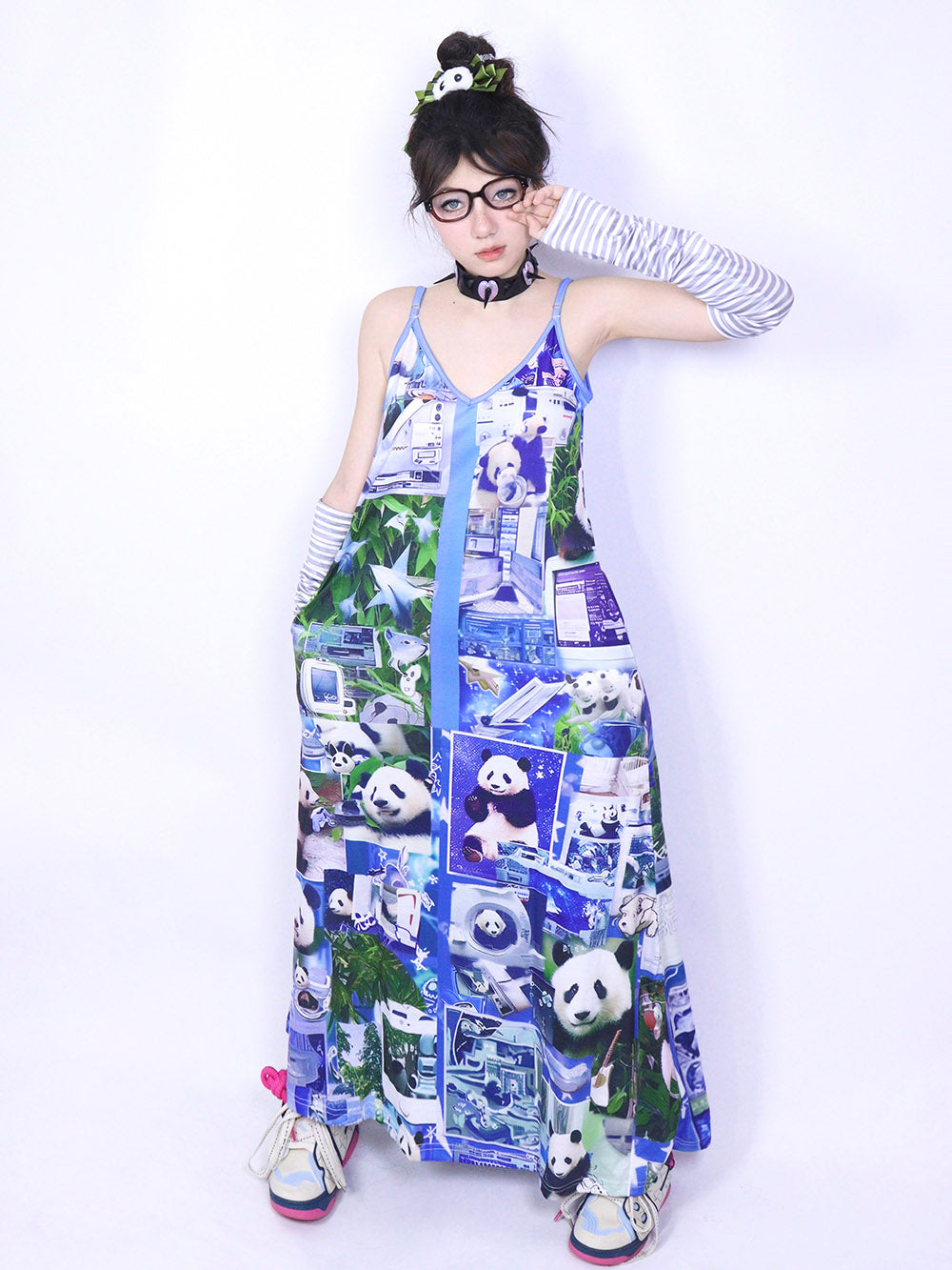 Blue Panda Collage Print Maxi Dress
