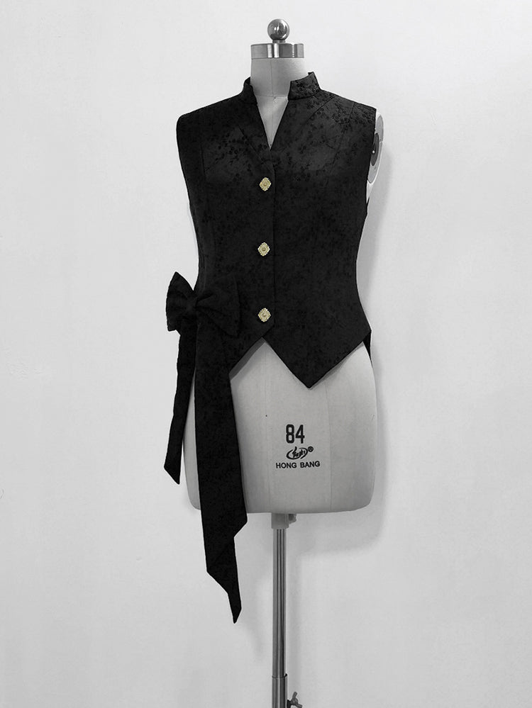 Black Floral Vest with Bow Accent