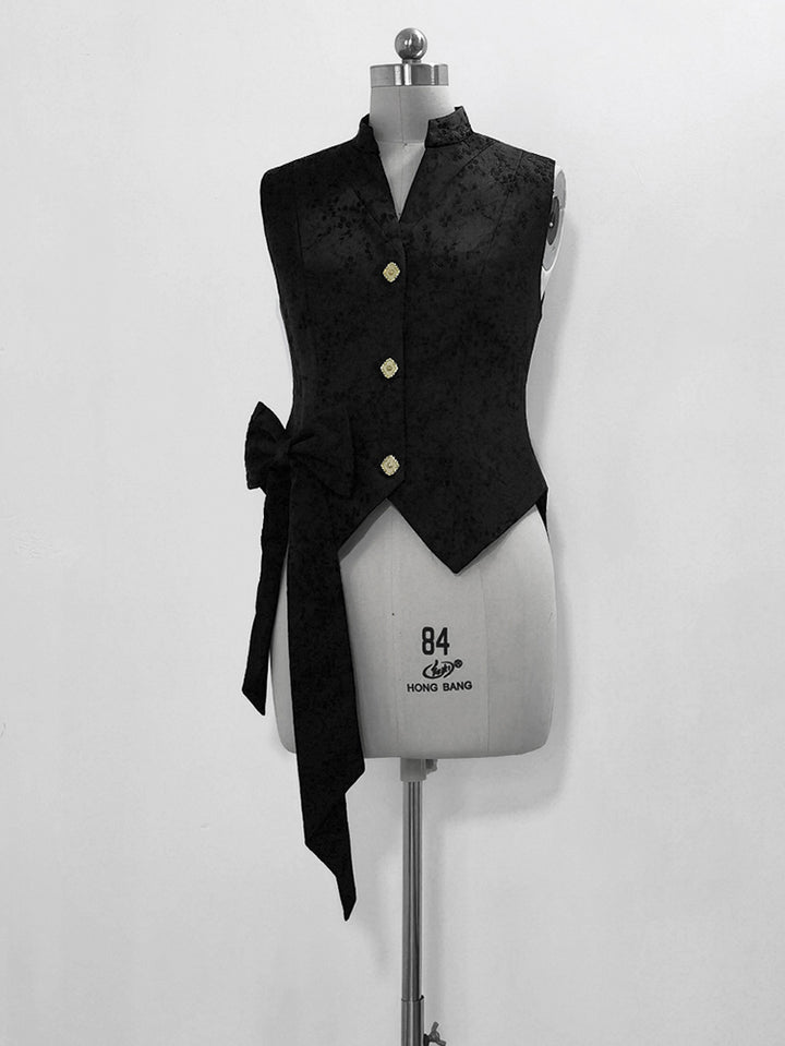 Black Floral Vest with Bow Accent