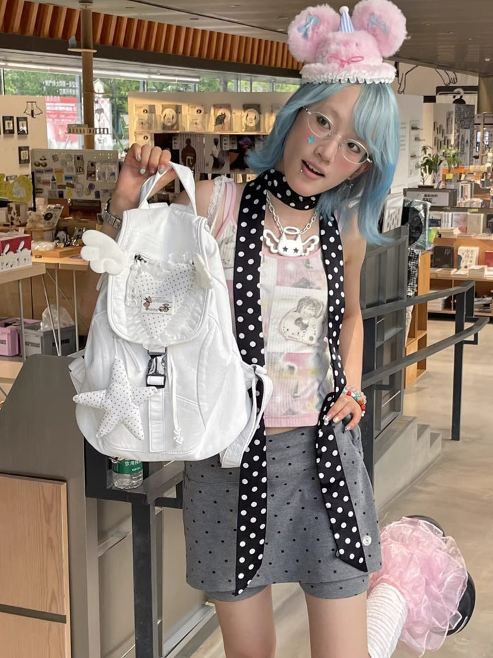 White Leather Heart Angel Wings Backpack