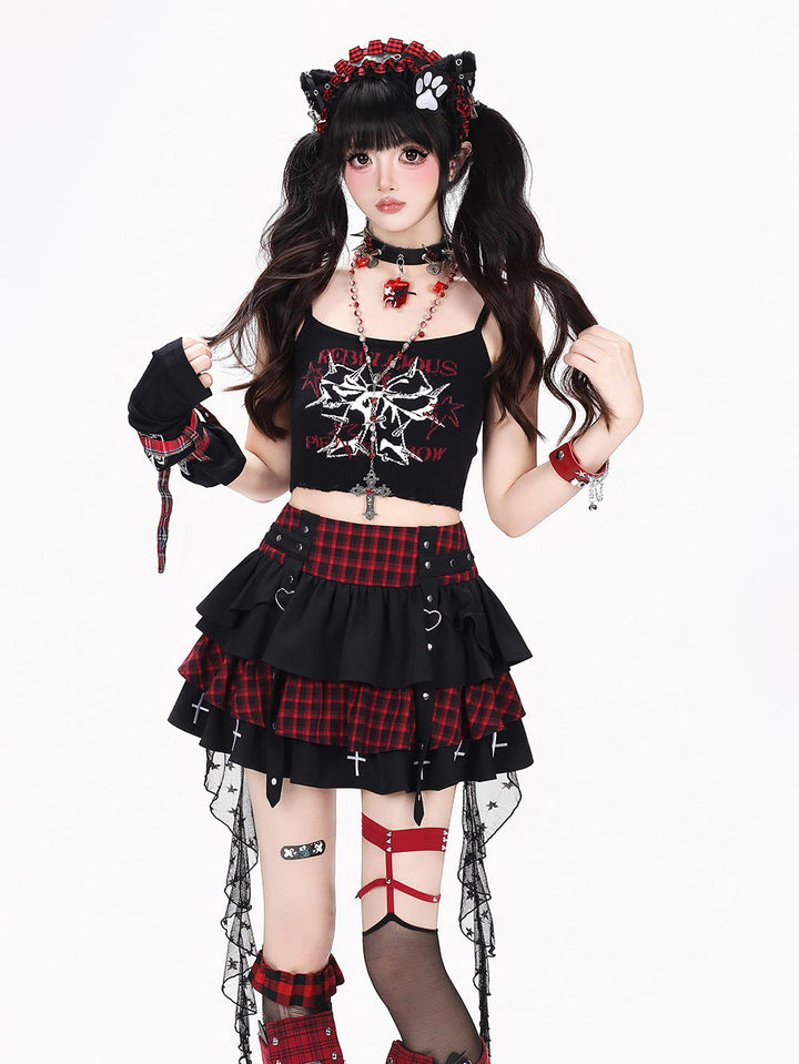 Plaid Cross Trim Tiered Mini Skirt