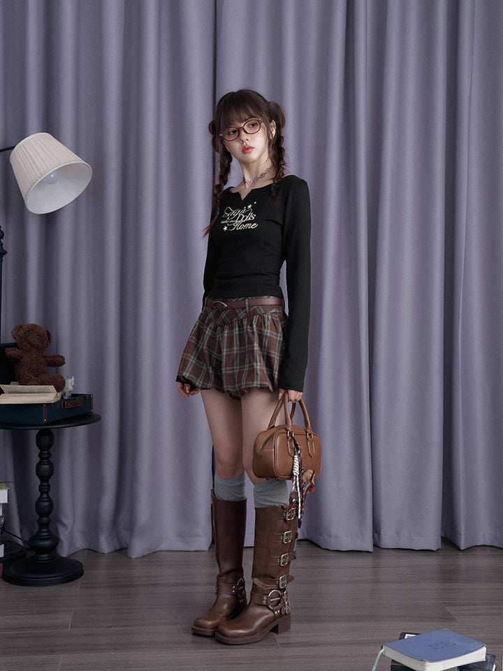 Brown Plaid Belted Bubble Mini Skirt
