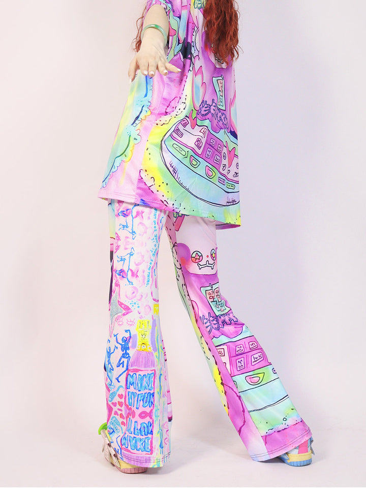 Y2K Pastel Phone Graphic Wide Leg Pants