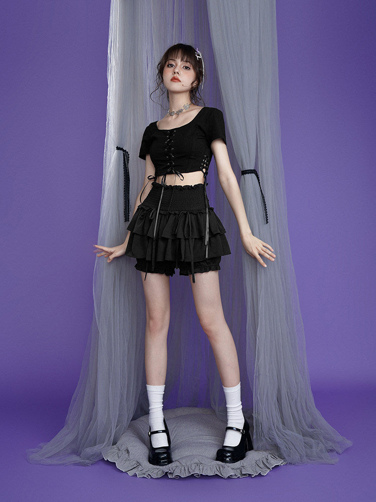 Black Smocked Waist Layered Ruffle Skort