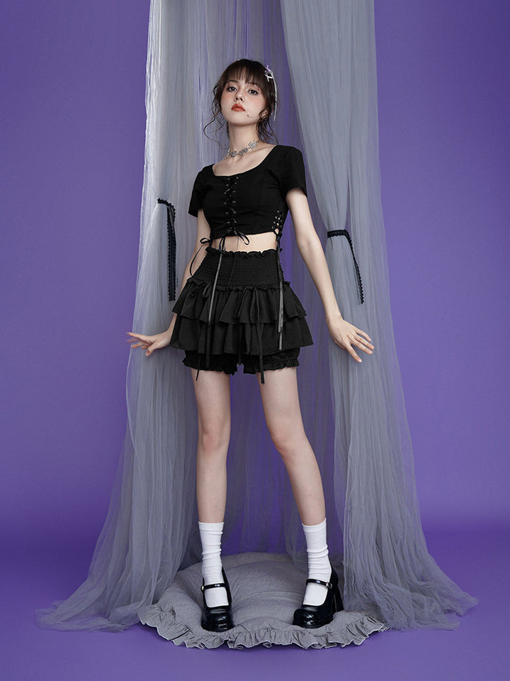 Black Smocked Waist Layered Ruffle Skort