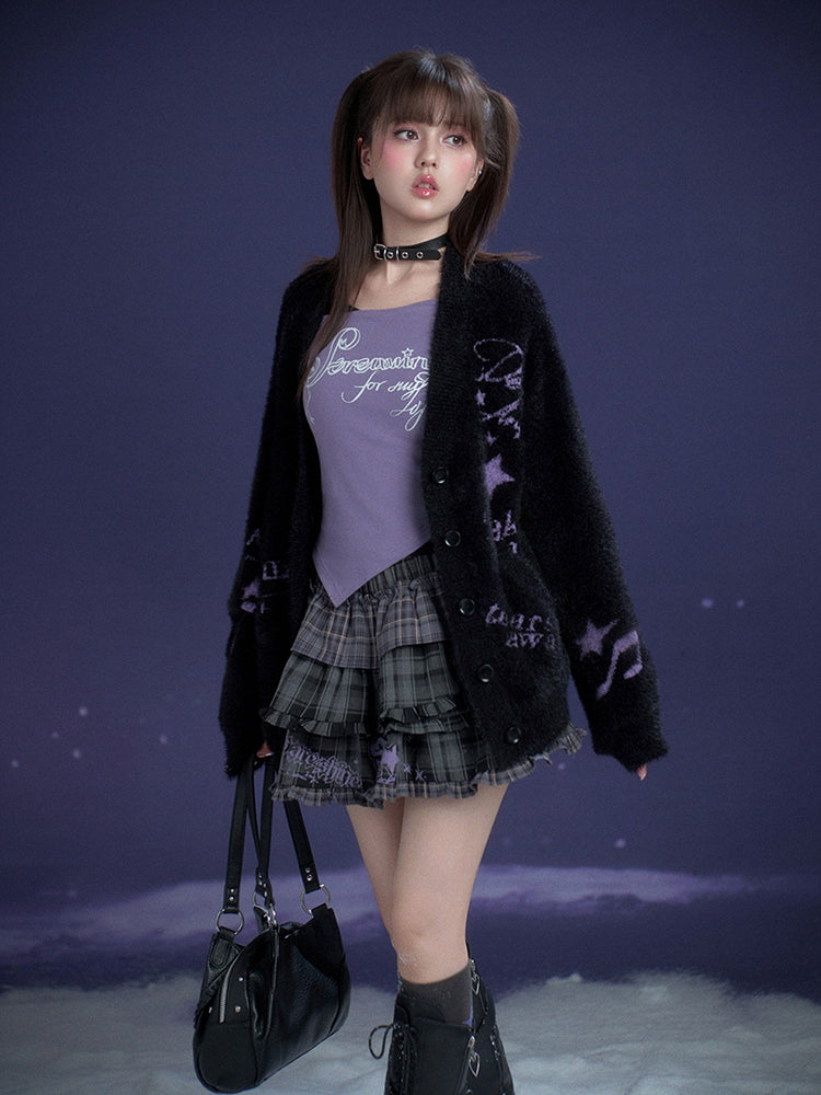 Purple Letter Print Layered Style Long Sleeve Top