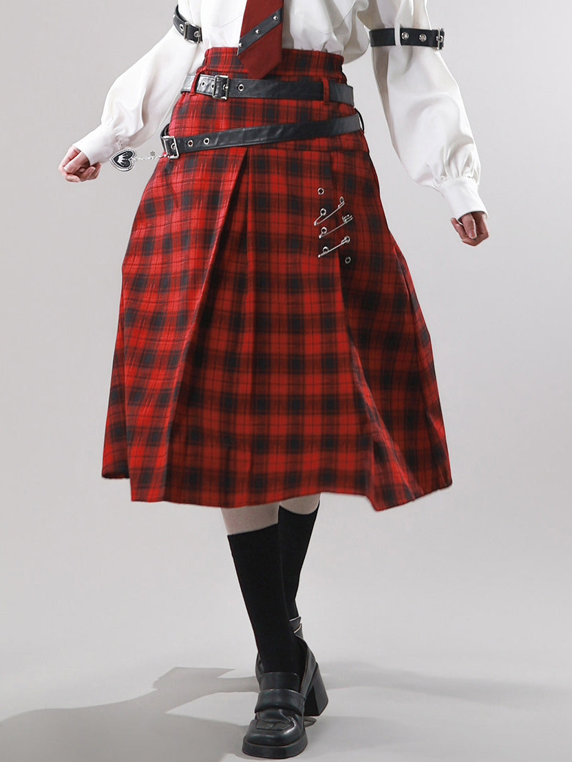 Gothic Red Plaid Double Belt Skirt