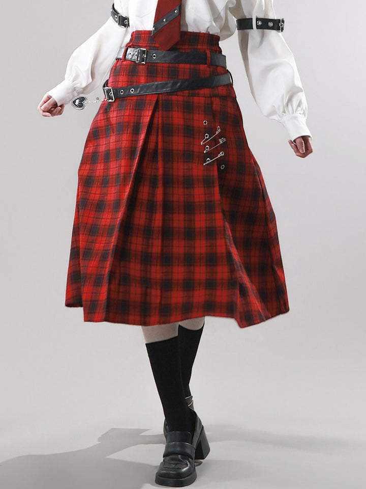 Gothic Red Plaid Double Belt Skirt