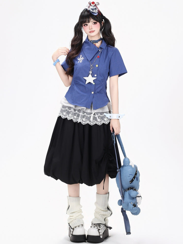 Asymmetric Plaid Ruffle Kawaii Shirt