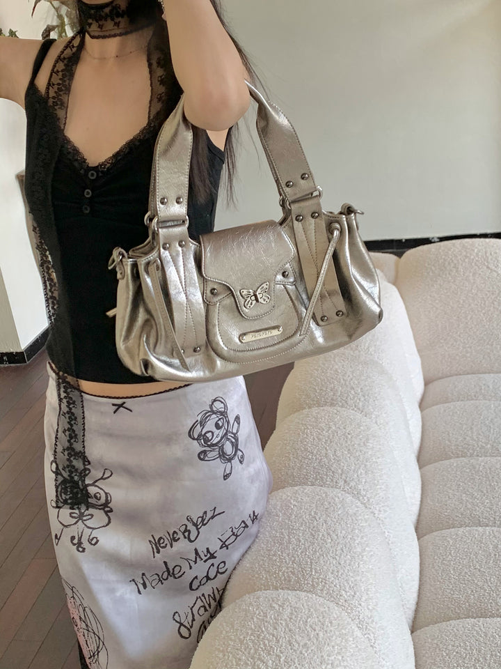 Y2K Metallic Silver Butterfly Biker Shoulder Bag
