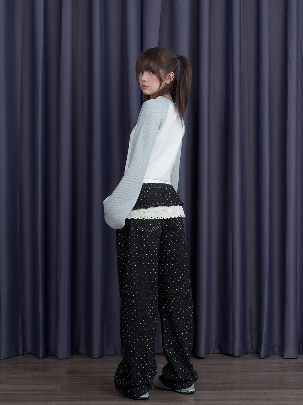 Black Polka Dot Button Detail Wide Leg Pants