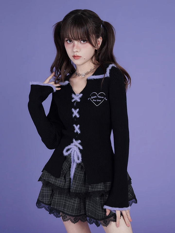 Black and Purple Sweet Cool Slim-Fit Knit Cardigan