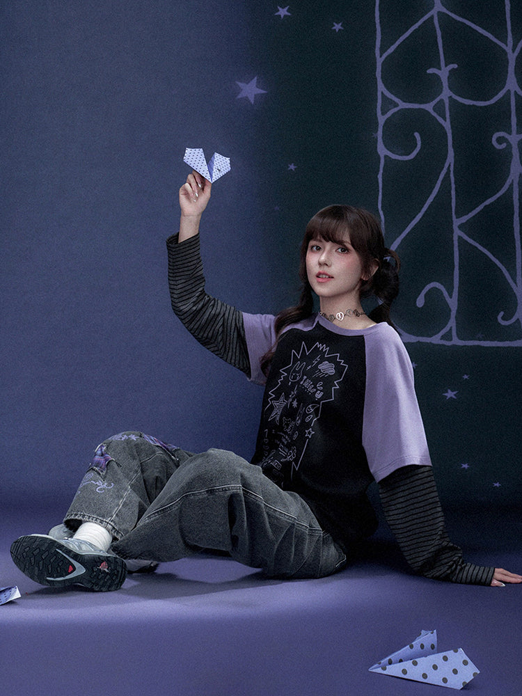 Black Purple Graffiti Print Faux Two Piece Top