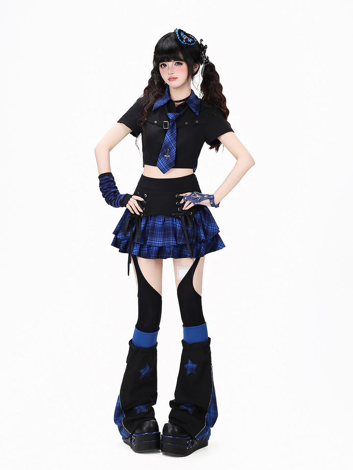 Plaid Tie Crop Top Ruffle Skirt