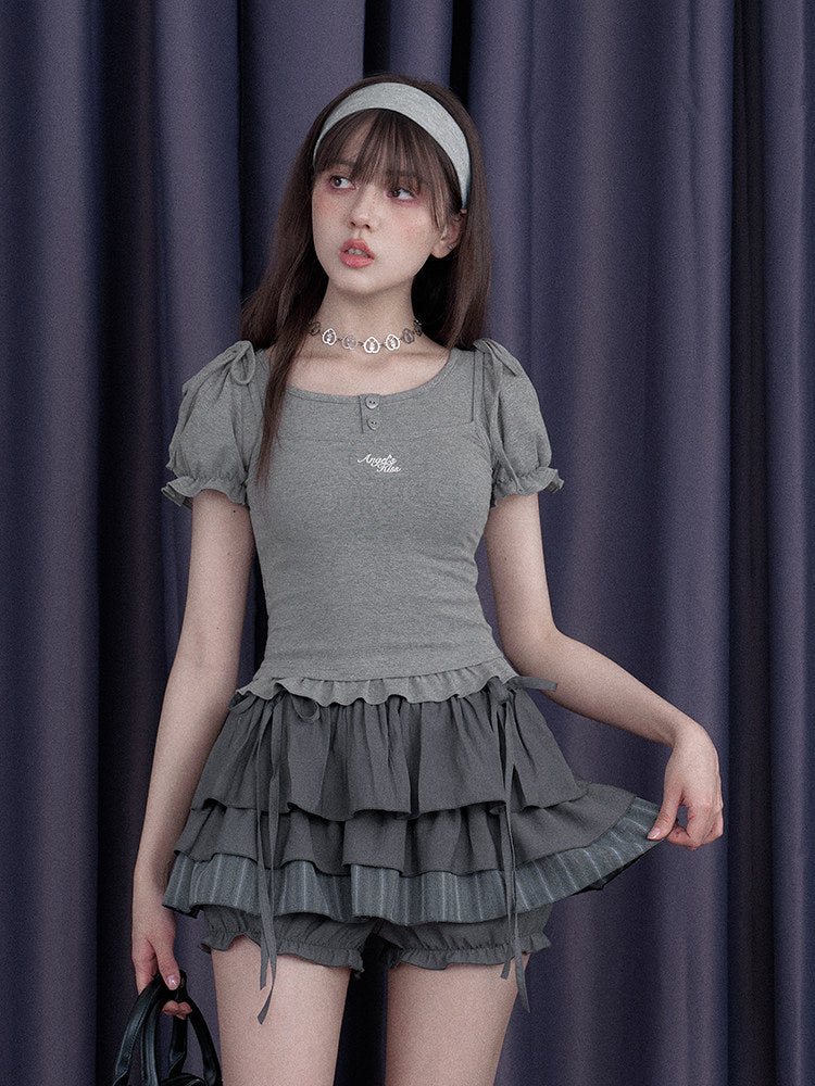 Gray Bow Tie Layered Ruffle Skort