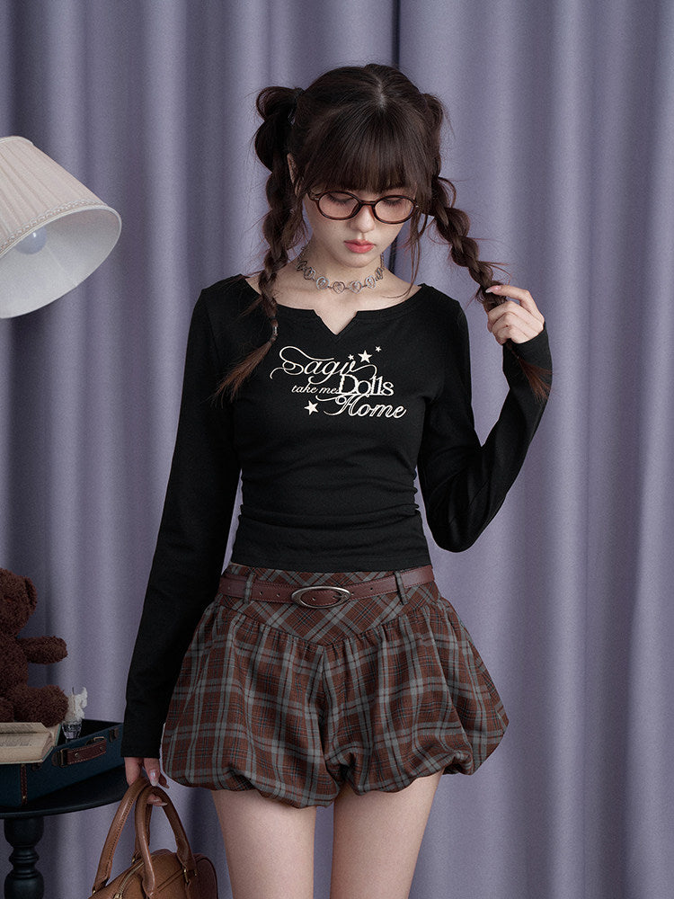 Brown Plaid Belted Bubble Mini Skirt