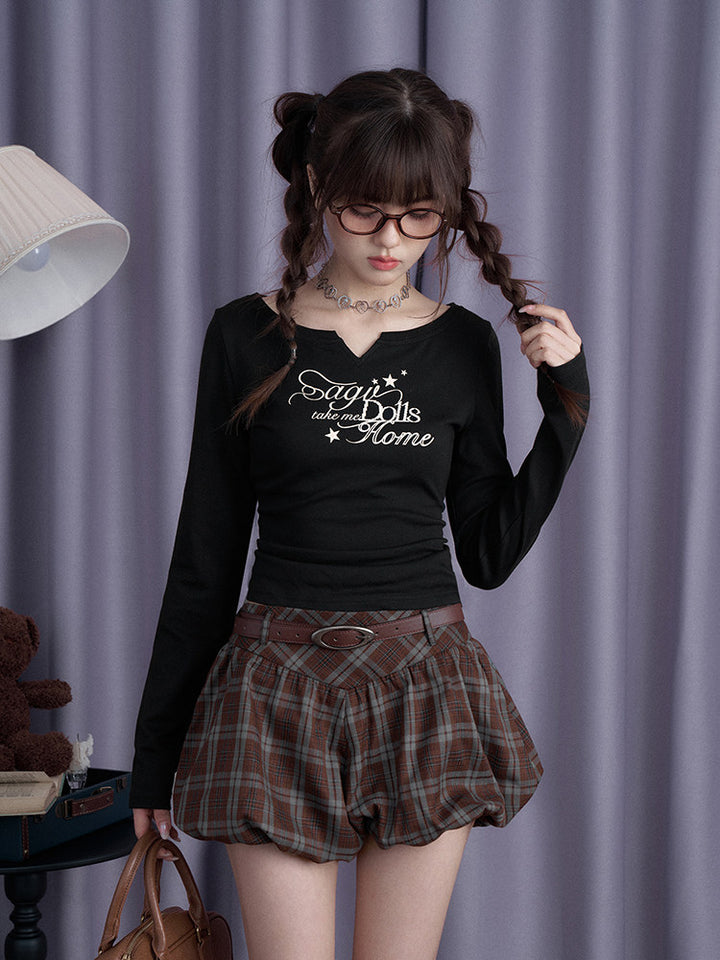 Brown Plaid Belted Bubble Mini Skirt