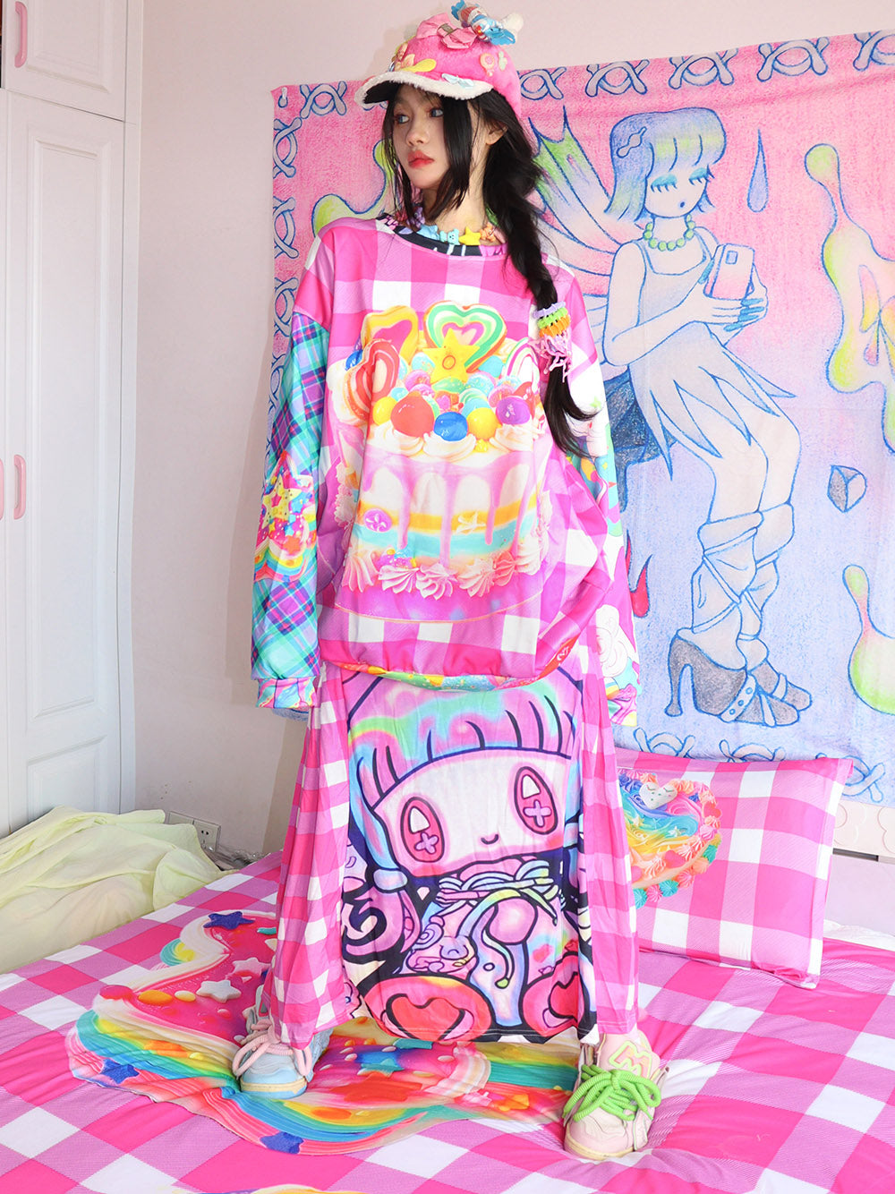 Pink Cake Graphic Patchwork Sweatshirt