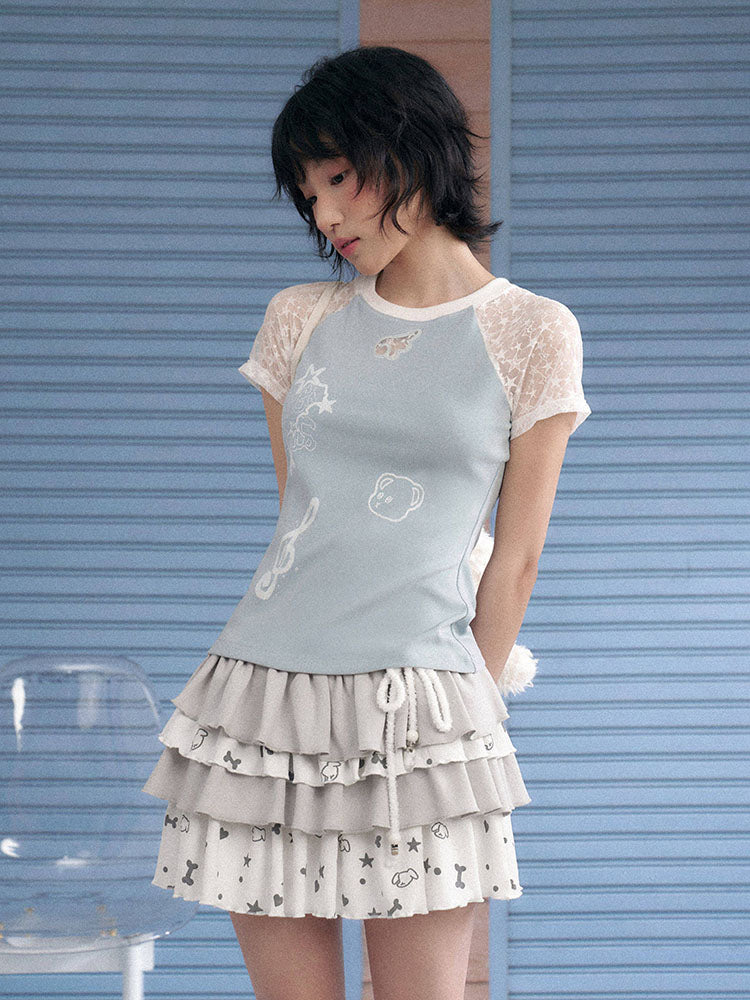Pastel Blue Lace Sleeve Star Graphic Raglan Top