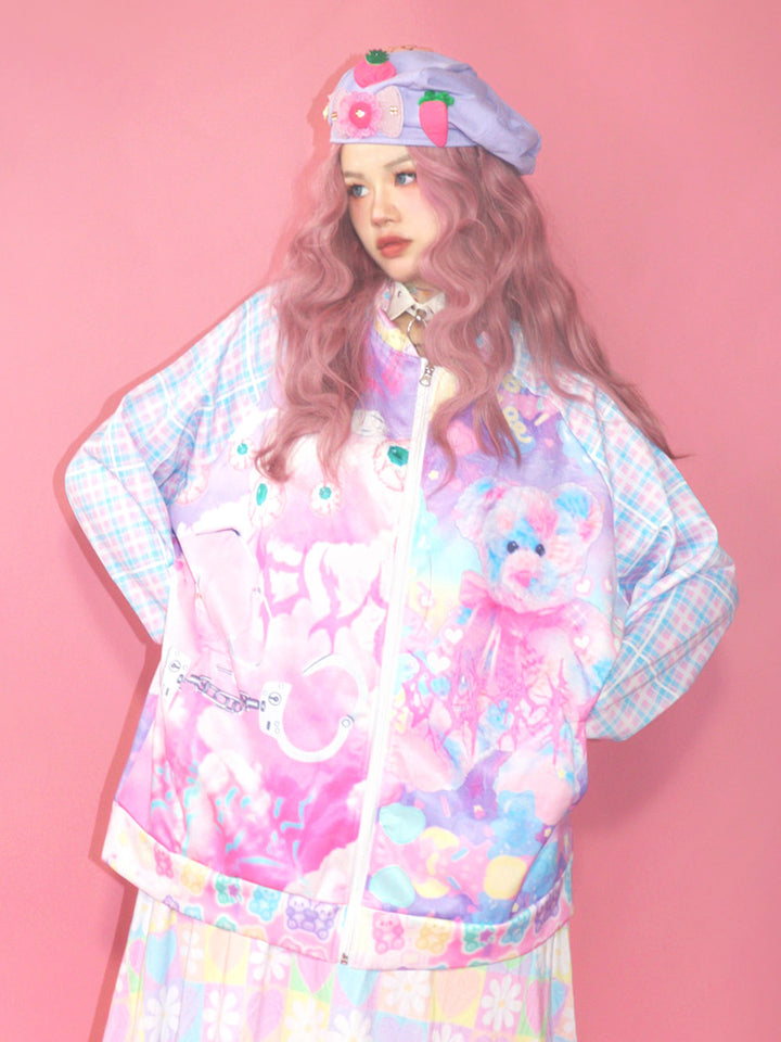 Pastel Teddy Bear Print Zip Jacket