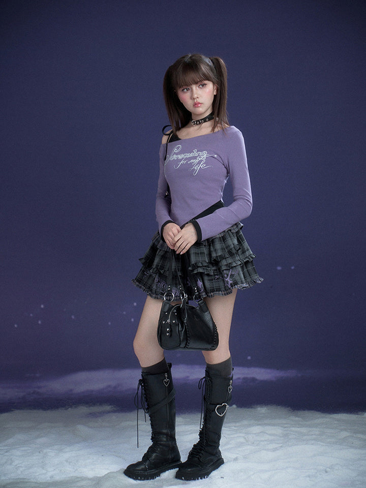 Purple Letter Print Layered Style Long Sleeve Top