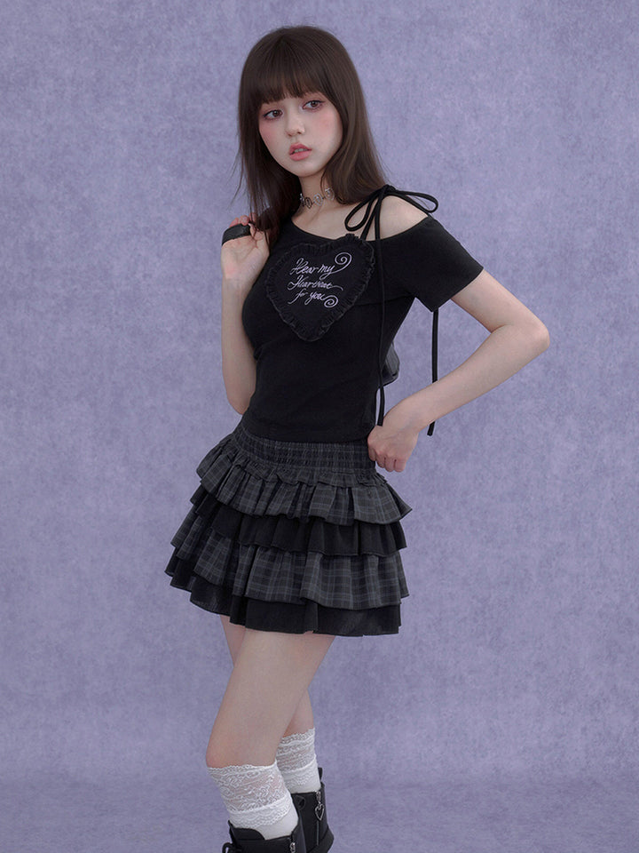 Asymmetric Heart Ruffle Embroidery Tee