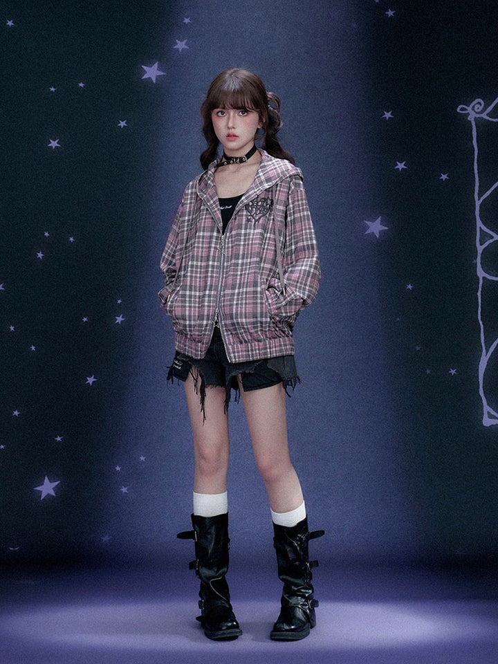 Jirai Plaid Star Zip Up Hoodie Jacket