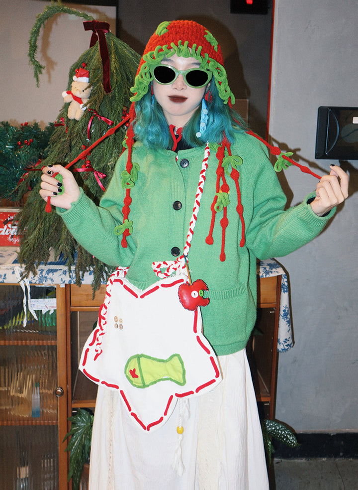 Star-Shaped Fish Embroidery Shoulder Bag