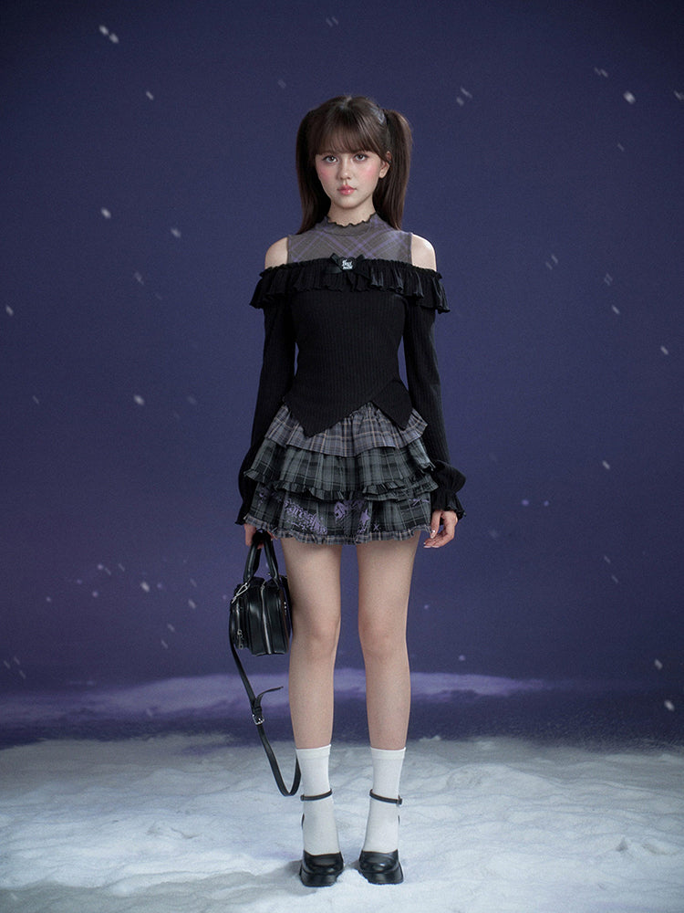 Black Purple Off-Shoulder Long Sleeve Top