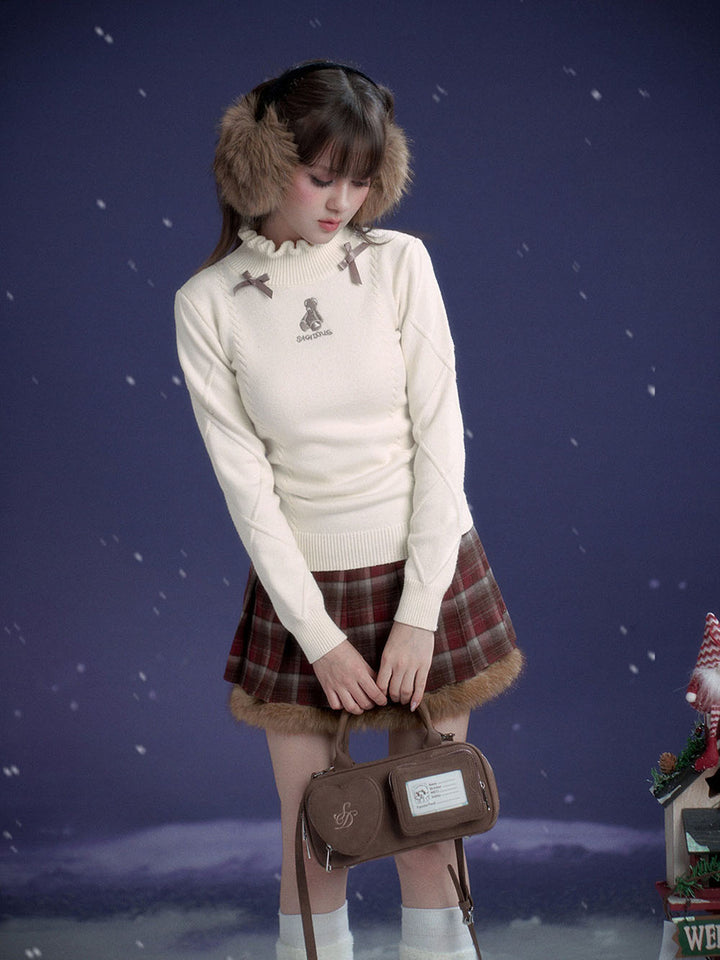 Red Plaid Fluffy Trim Pleated Mini Skirt