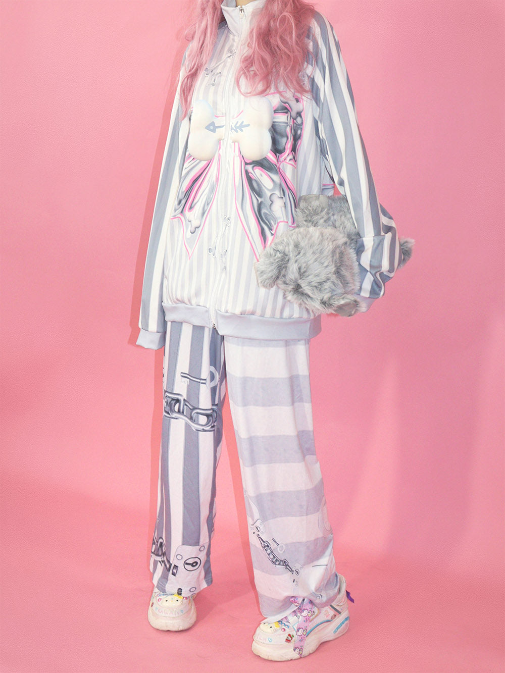 Grey Striped Bow Print Zip Jacket