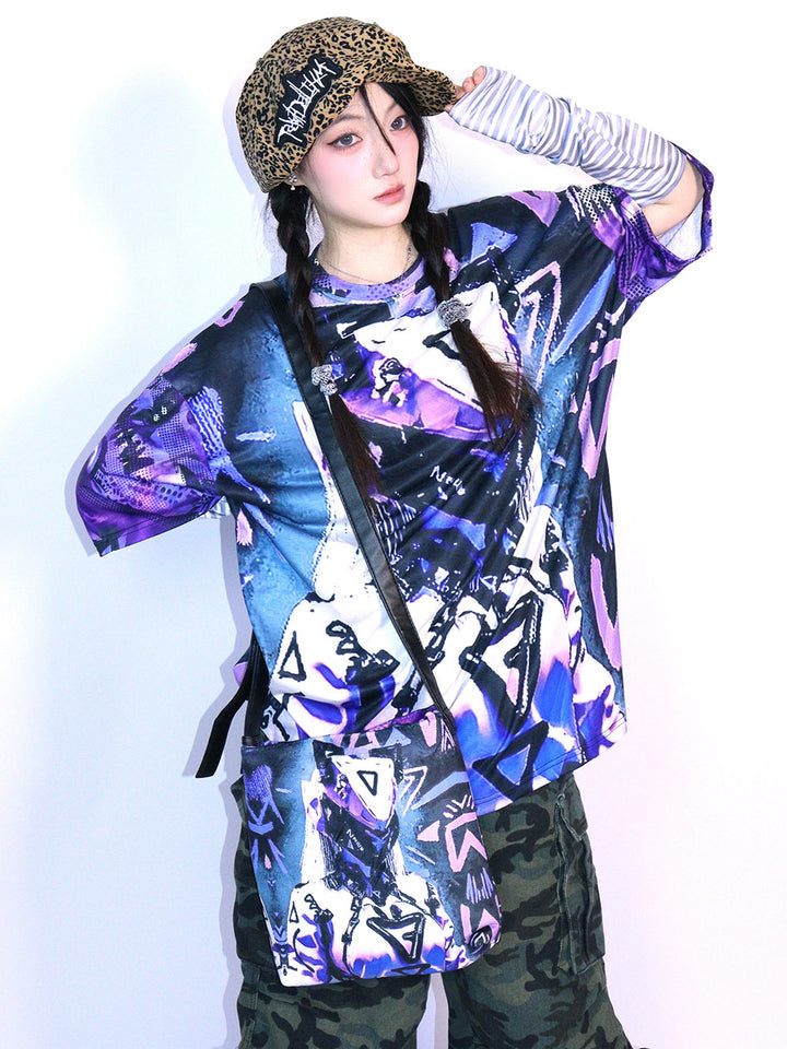 Purple Cyber Graphic Oversized T Shirt
