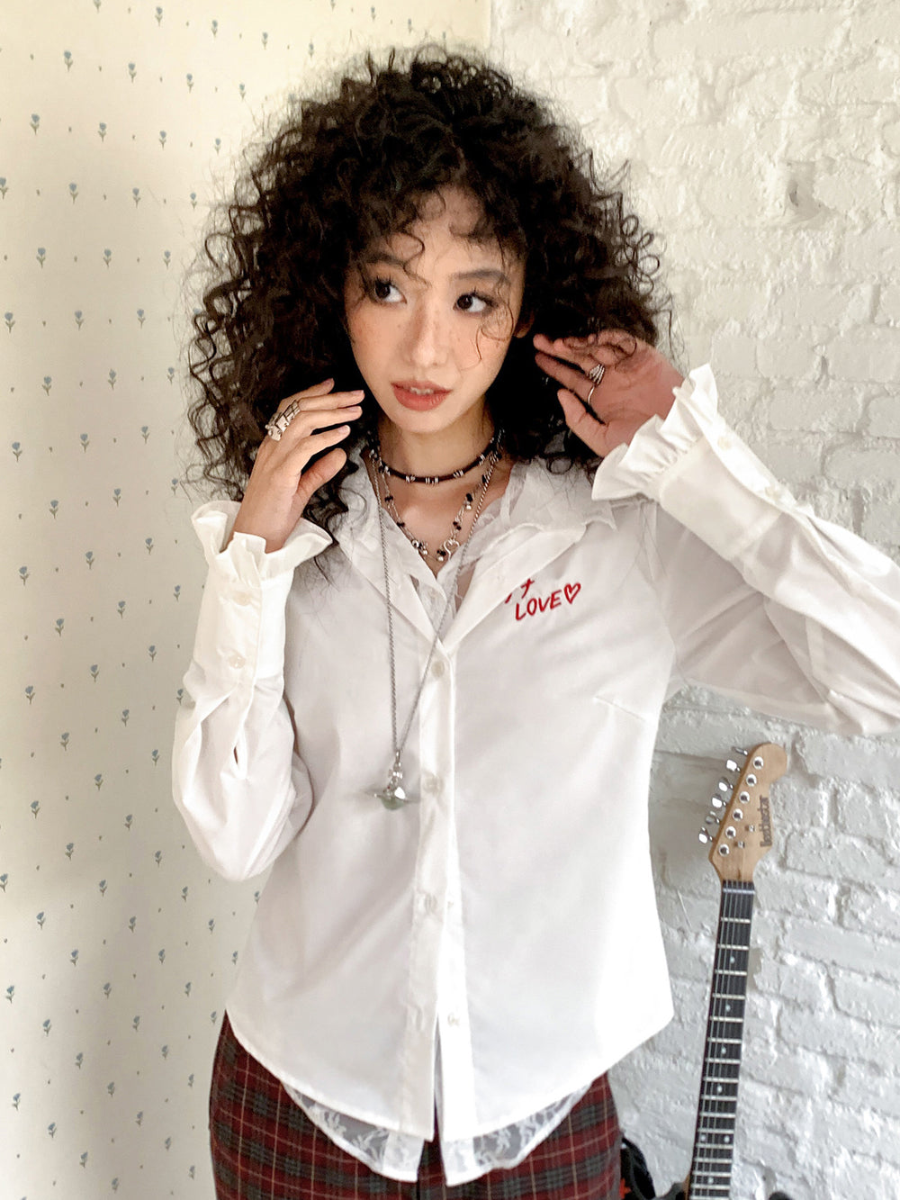 Love Embroidery Ruffle Cuff Button Blouse