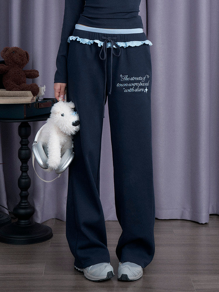 Navy Ruffle Waist Wide Leg Pants