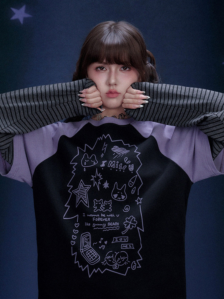 Black Purple Graffiti Print Faux Two Piece Top