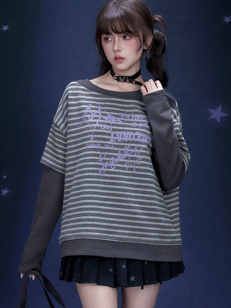 Street Striped Graffiti Print Faux Two Piece Top