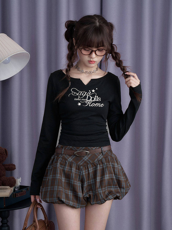 Brown Plaid Belted Bubble Mini Skirt