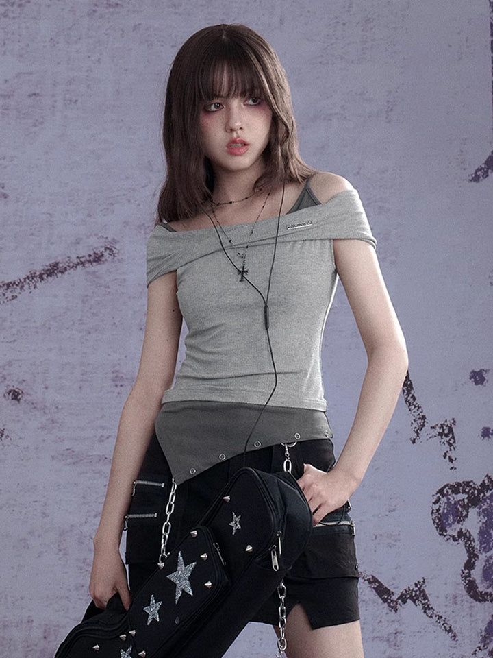 Subcul Grunge Off-Shoulder Asymmetric Ribbed Top