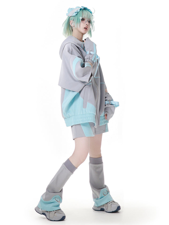 Cyber Y2K Hooded Jacket Shorts Pants Arm Sleeves Leg Warmers Headpiece