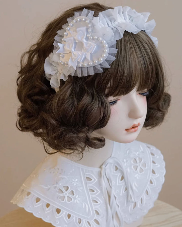 Lolita white bow lace heart headband