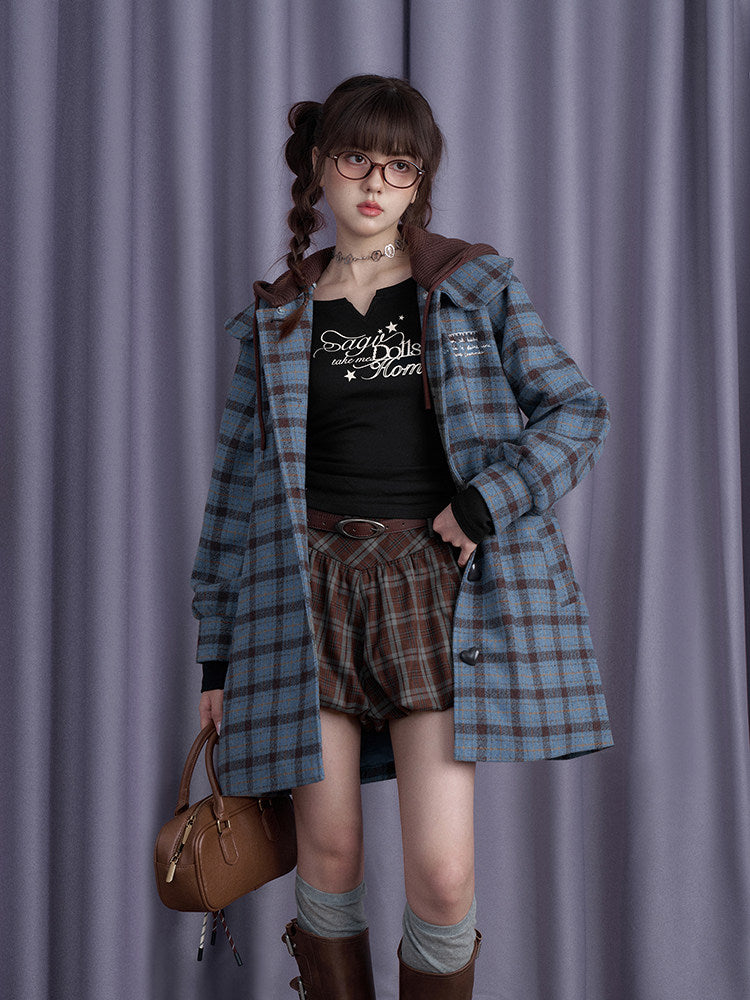 Brown Plaid Belted Bubble Mini Skirt
