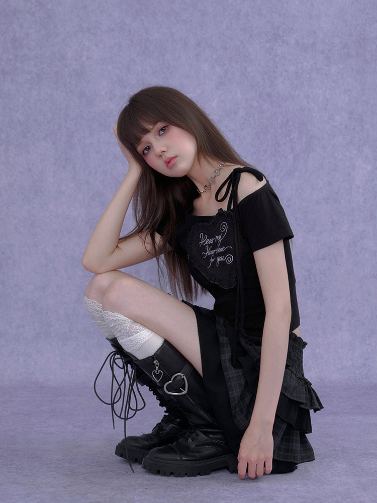 Asymmetric Heart Ruffle Embroidery Tee