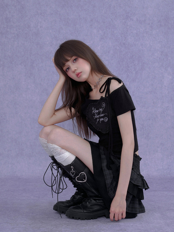Asymmetric Heart Ruffle Embroidery Tee