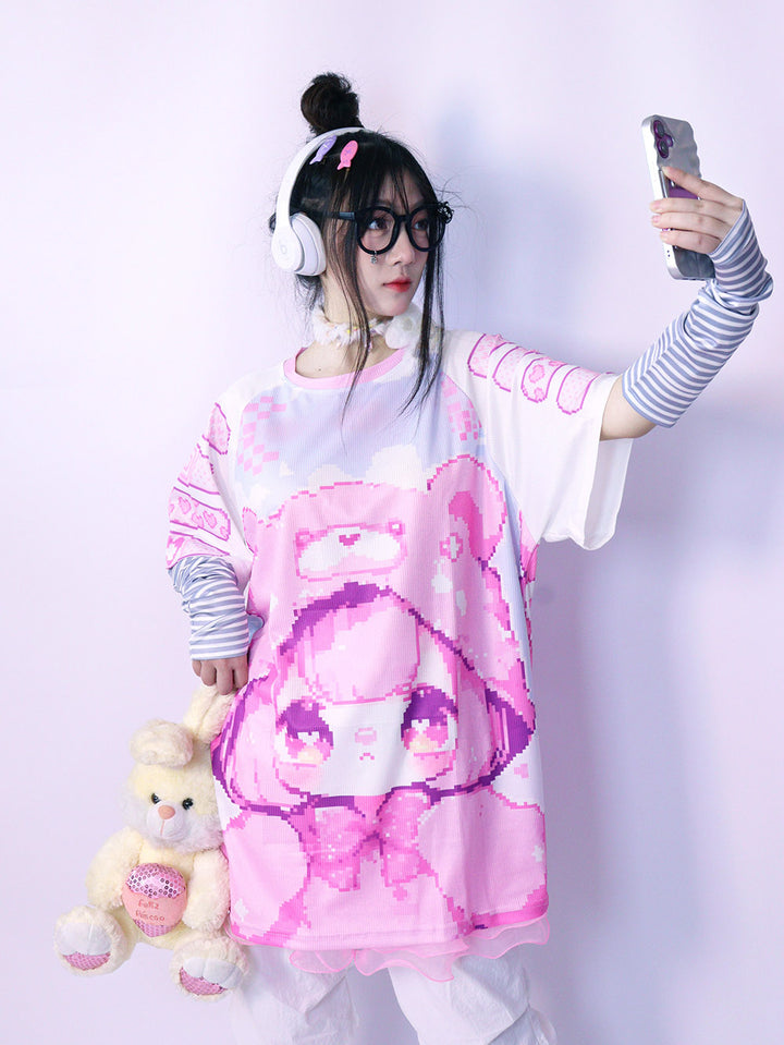 Pink Pixel Bear Girl Oversized T-Shirt