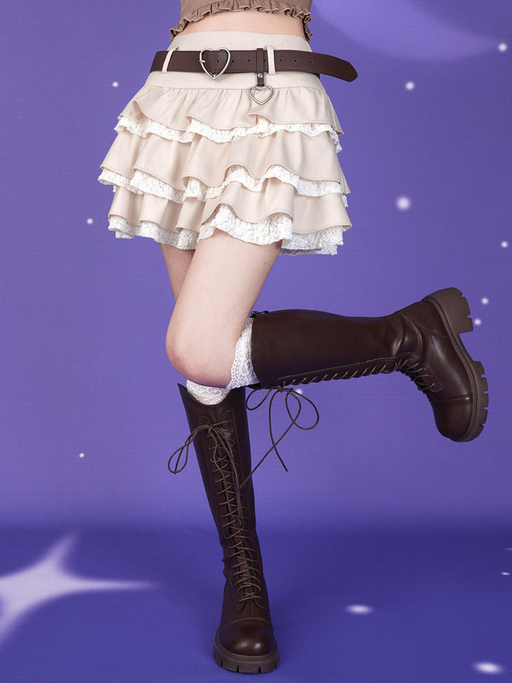 Cream Lace Trim Tiered Ruffle Mini Skirt