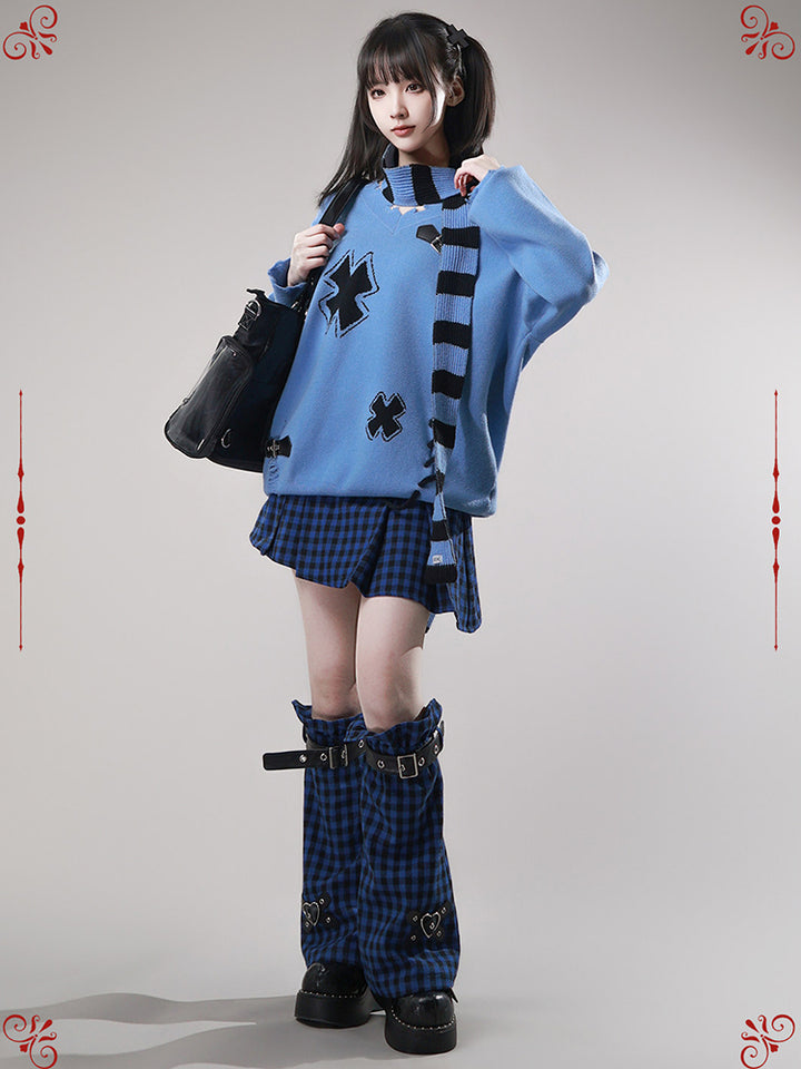 Grunge Distressed Cross Knit Sweater